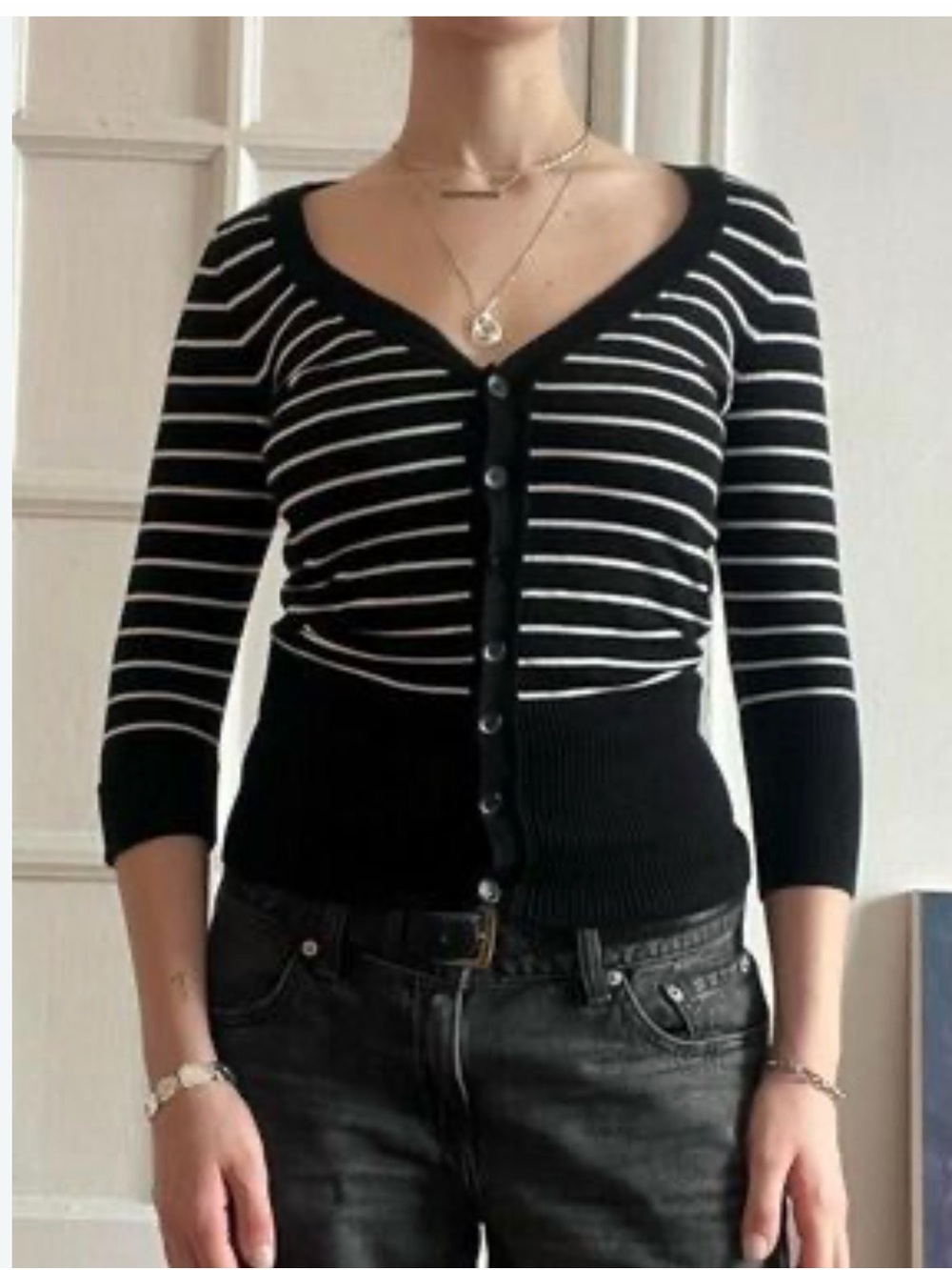 Dynamite Black & White Striped Button-Front Cardigan